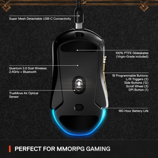 SteelSeries Aerox 9 Wireless: World of Warcraft Edition — Free in-Game Item — MMO Gaming Mouse — 18 Programmable Buttons — Lightweight — Bluetooth/2.4GHz — 18K DPI TrueMove Air Sensor - Image 3