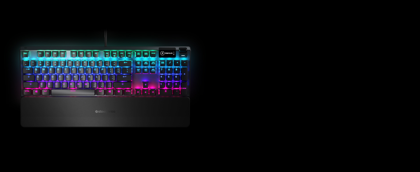 - SteelSeries Apex 5 keyboard with wrist rest