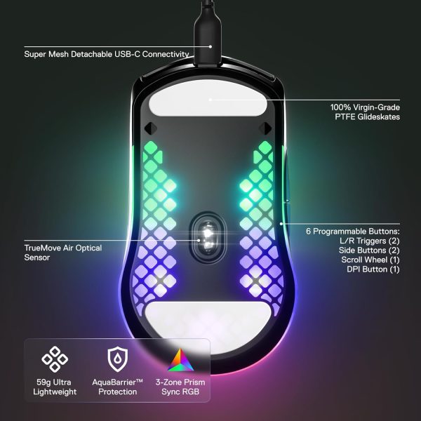 SteelSeries Aerox 3 - Holey RGB Gaming Mouse - Ultra-lightweight Water Resistant Design - 8,500 DPI TrueMove Core Optical Sensor - Onyx - Image 3