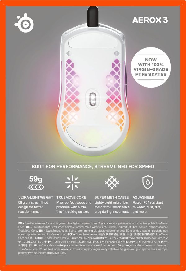SteelSeries Aerox 3 - Holey RGB Gaming Mouse - Ultra-lightweight Water Resistant Design - 8,500 DPI TrueMove Core Optical Sensor - Onyx - Image 18